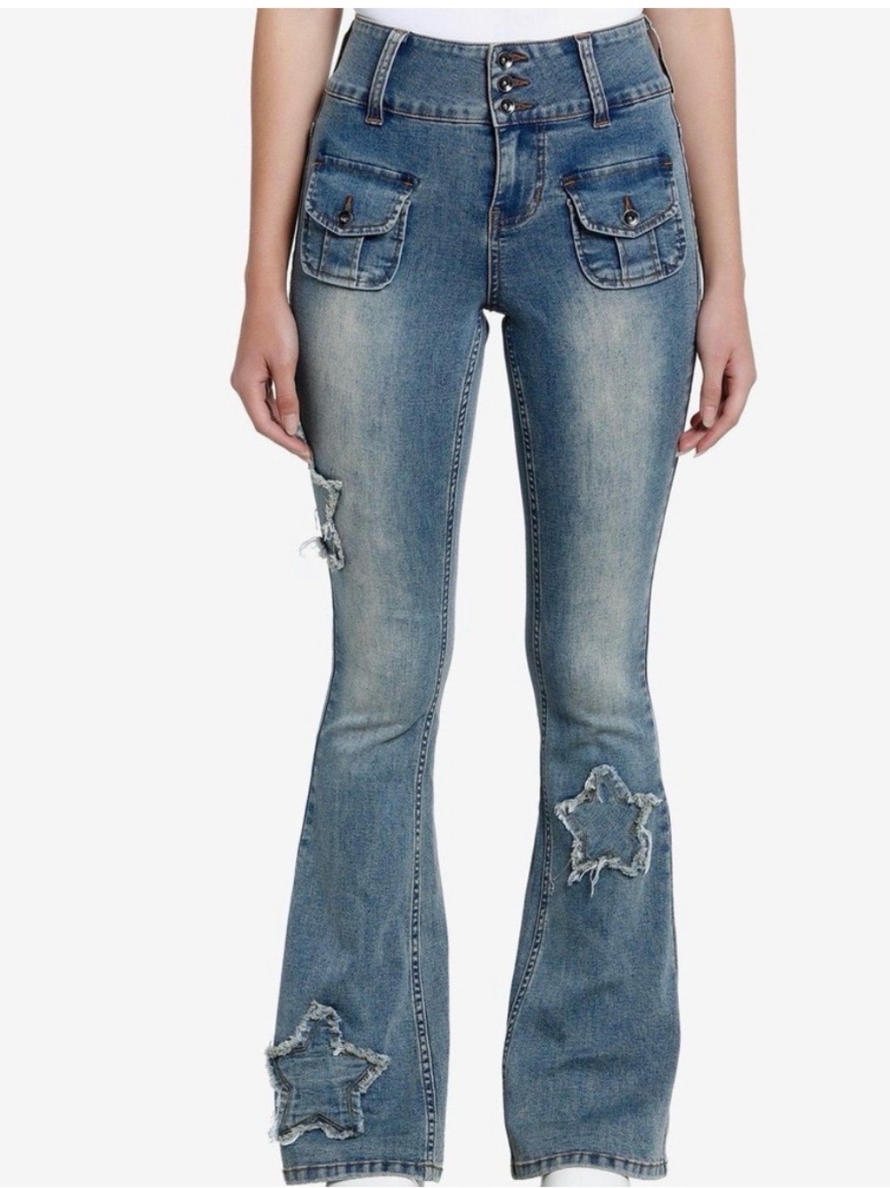 Hot Topic Sweet Society Star Frayed Patch Flare Jeans size 11 novelty festival